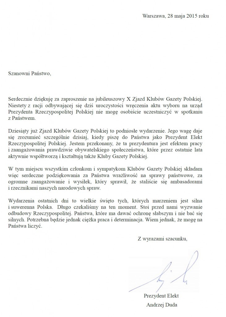 List Andrzej Duda