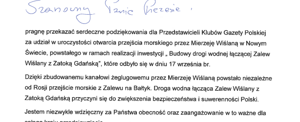Podziękowania od Podsekretarza Stanu Grzegorza Witkowskiego dla Klubów Gazety Polskiej
