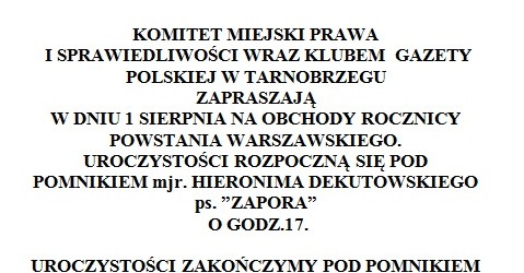 Tarnobrzeg – Obchody Rocznicy Powstania Warszawskiego, 1 sierpnia, g. 17.