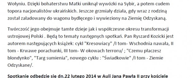 Lębork – spotkanie z Ryszardem Kozickim pt. „ Kresy wschodnie Polski Wołyń cz. 1”,22 lutego, g. 19,
