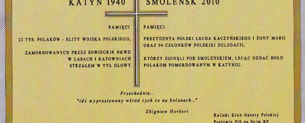 Kalisz – Msza św. oraz odsłonięcie i poświęcenie tablicy pamiątkowej pamięci Ofiar Katynia i tragedii smoleńskiej, 9 kwietnia, g. 16