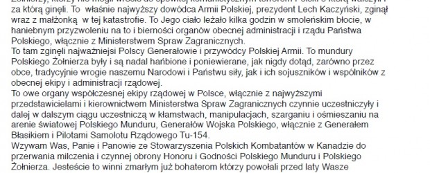 Odezwa Klubu Gazety Polskiej w Ottawie w czwartą rocznicę Tragedii Smoleńskiej.