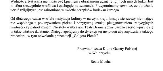 Protest ws czytania scenariusza Golgoty Picnic w Wałbrzychu