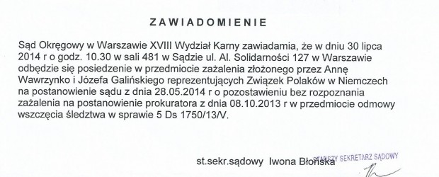 Zawiadomienie w sprawie znieważenia Polski – Rozprawa 30 lipca, g. 10.30 w Warszawie