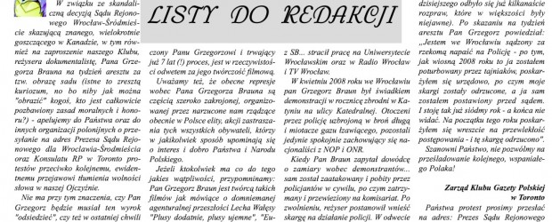 Apel wzywajacy Polonię kanadyjska do protestu przeciwko politycznie motywowanym prześladowaniom Grzegorza Brauna