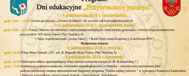 Pułtusk – uroczyste obchody 70. Rocznicy rozbicia więzienia w Pułtusku, 3-9 października, Dni edukacyjne „Przywracanie pamięci”