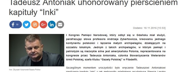 Tadeusz Antoniak uhonorowany pierścieniem kapituły “Inki”