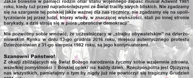 Apel do mieszkańców powiatu dzierżoniowskiego w 35. rocznica wprowadzenia stanu wojennego
