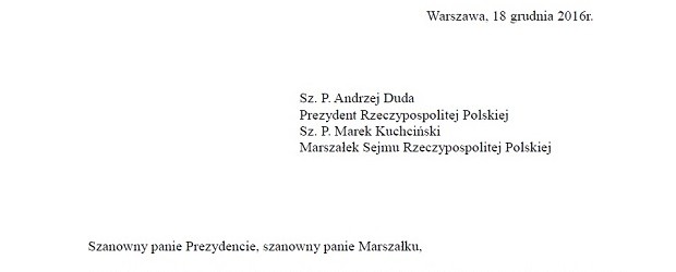 Treść listu, który został przekazany Prezydentowi RP Andrzejowi Dudzie oraz Marszałkowi Joachimowi Brudzińskiemu