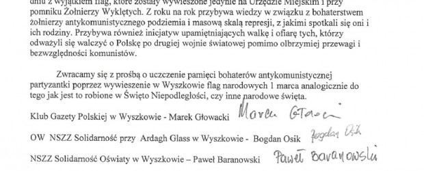 Wyszków: pismo do Burmistrza w sprawie wywieszenia flag w Święto 1 marca