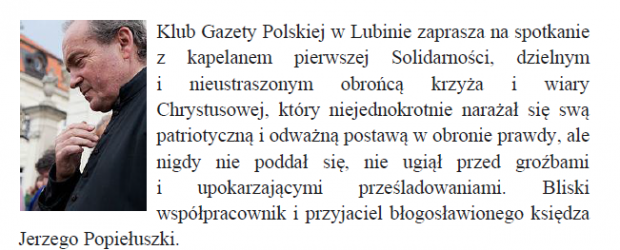 Lubin – Zaproszenie na spotkanie z księdzem Stanisławem Małkowskim