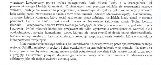Tychy: projekt uchwały o nadaniu nowo wybudowanemu  rondu w Tychach  imienia Rondo im. Ks. Pawła Kontnego.
