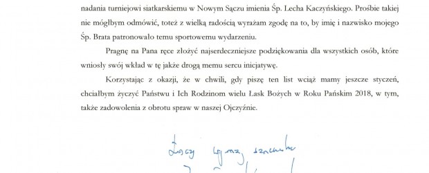 Nowy Sącz II: List od Prezesa Jarosława Kaczyńskiego – Turniej siatkarski imienia Śp. Prezydenta Prof. Lecha Kaczyńskiego