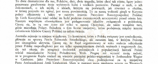 Sydney: List Prezydenta Andrzeja Dudy do uczestników i organizatorów Rajdu Katyń/Smoleńsk