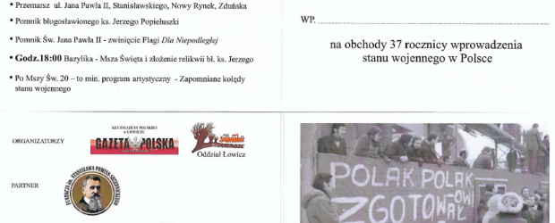 Łowicz: Zaproszenie na rocznicę stanu wojennego – 13 grudnia godz. 15:30