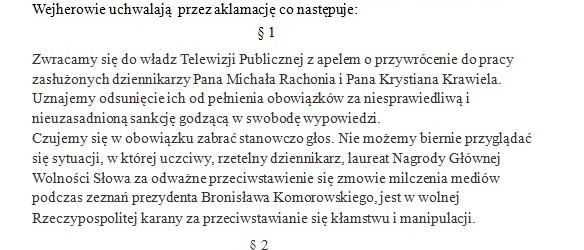Wejherowo: Uchwała ws przywrócenia Redaktora Michała Rachonia i Krystiana Krawiela do pracy.