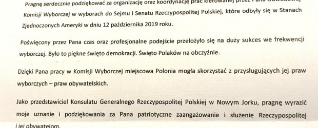 Podziękowania za pomoc w wyborach dla Przewodniczącego Klubu „GP” w New Jersey