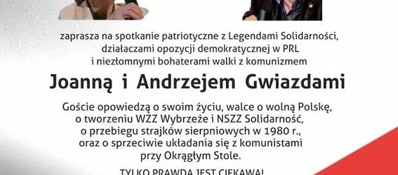 Braniewo: Spotkanie z Joanną i Andrzejem Gwiazdami (17 września, godz. 18:00)