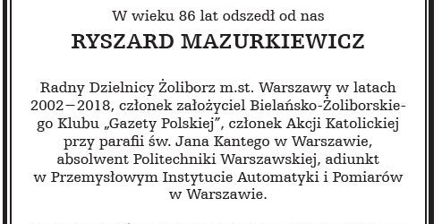 WARSZAWA BIELANY – ŻOLIBORZ | Odszedł od Nas Ryszard Mazurkiewicz