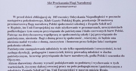 RYPIN | Przekazanie 20 metrowej flagi narodowej dla Zespół Szkół Nr2 w Rypinie.