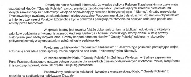 SYDNEY | Poparcie dla Przewodniczącego Klubu GP w Warszawie Adama Borowskiego