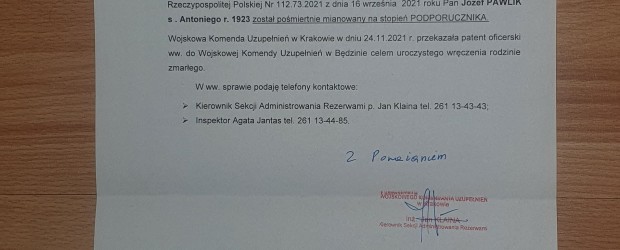 BĘDZIN II | Pan Józef Pawlik s . Antoniego r. 1923 został pośmiertnie mianowany na stopień Podporucznika