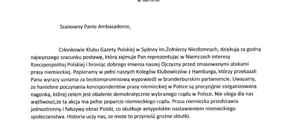 SYDNEY | List w obronie Ambasadora RP w Berlinie Andrzeja Przyłębskiego