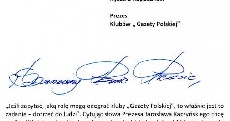 Marszałek Województwa Śląskiego Jakub Chełstowski z gratulacjami w liście do Klubowiczów VIII Nadzwyczajnego Zjazdu Klubów „GP”
