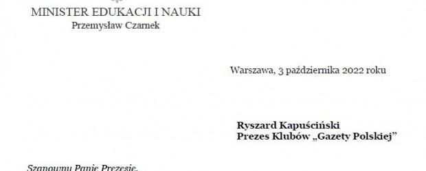 List Ministra Edukacji i Nauki Przemysława Czarnka do uczestników Zjazdu w Spale
