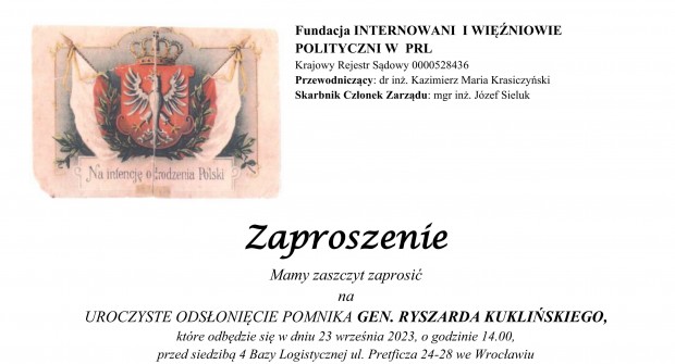WROCŁAW | ZAPROSZENIE 23.09 – Uroczystość odsłonięcia Pomnika Gen. Ryszarda Kuklińskiego