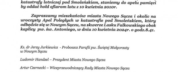 Nowy Sącz im. Jana Olszewskiego | ZAPROSZENIE 10.04 – 14. Rocznica katastrofy Smoleńskiej
