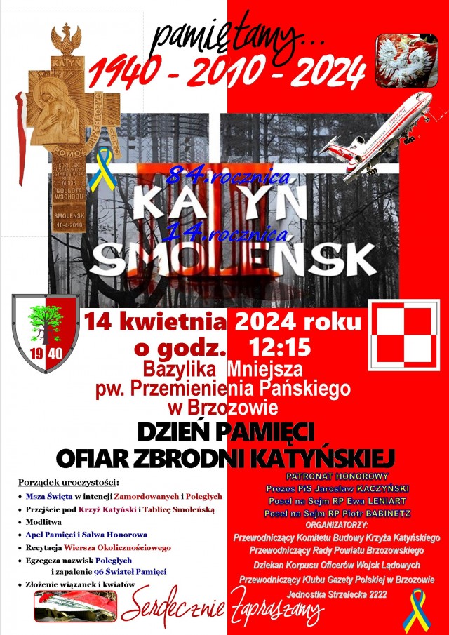 plakat_DzPOZKatyń_84 rocz+14 rocz KSmol_BRZOZÓW_14 IV 2024