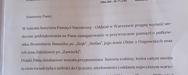 BĘDZIN II | Podziękowanie z Warszawskiego Oddziału IPN w Warszawie