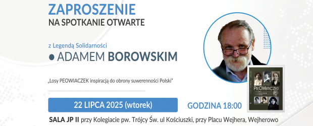 WEJHEROWO | ZAPROSZENIE 22.07 – Spotkanie autorskie z Adamem Borowskim