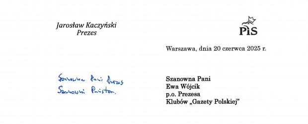 XX Zjazd Klubów GP | List Prezesa PIS Jarosława Kaczyńskiego do Klubów „GP”