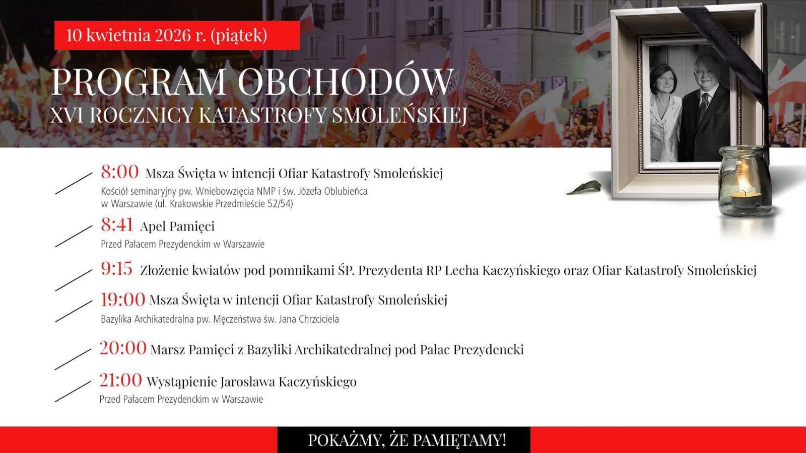 WARSZAWA | 16. rocznica Tragedii Smoleńskiej. Program uroczystości.